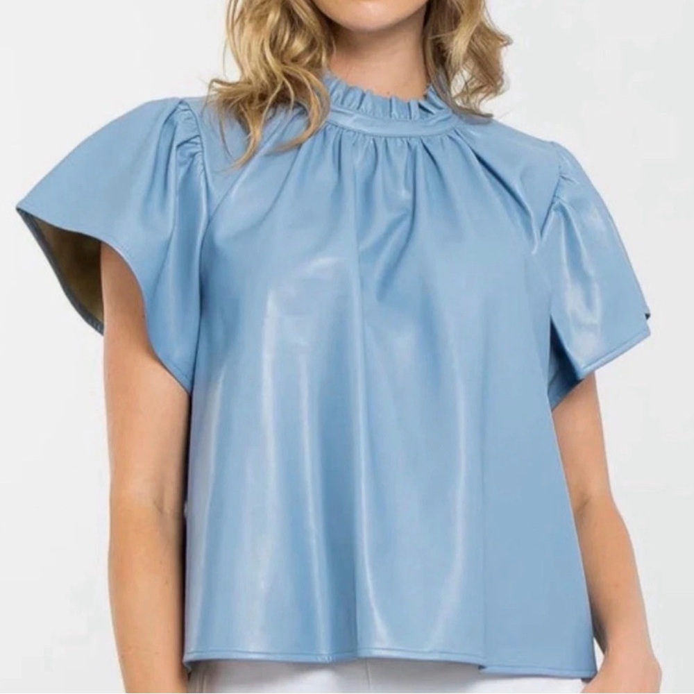 THML Faux Leather Powder Blue Flutter Sleeve Mock Neck Top